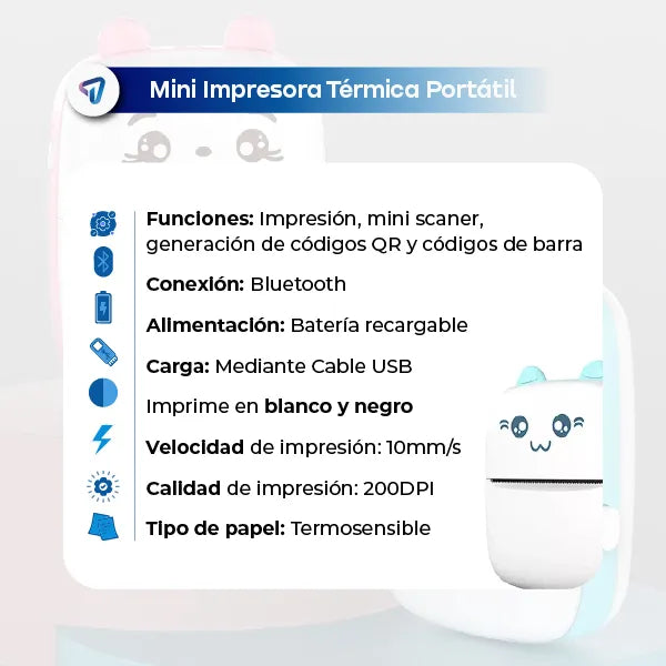 Mini Impresora Térmica Portátil Bluetooth Waggs Celeste 57mm